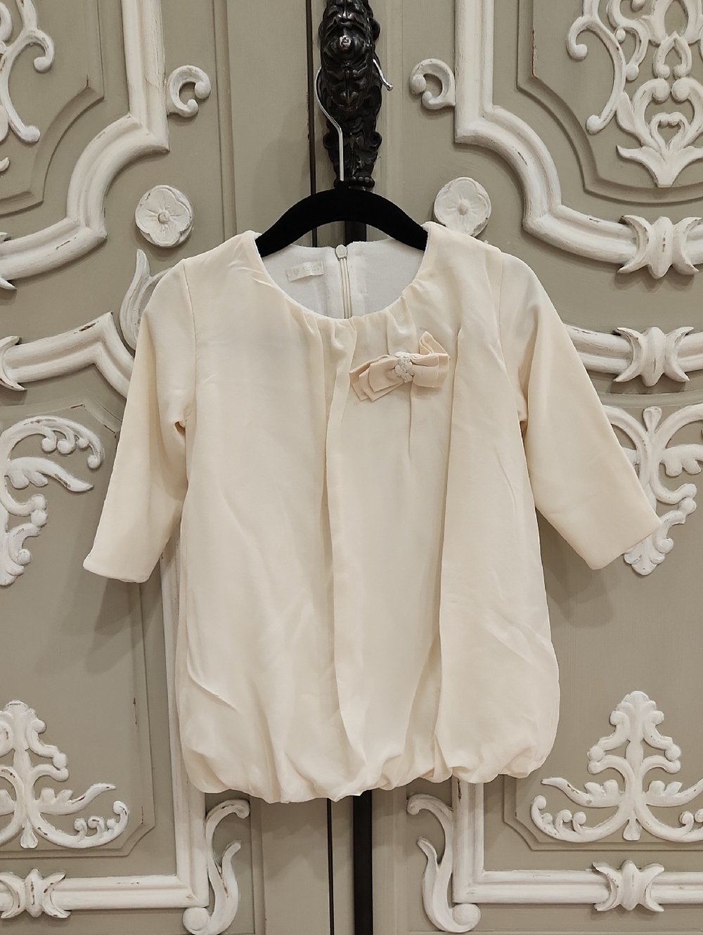 NaNáN Baby Girl Cream Silk Baby Dress with Bow Detail Sz 18 Months MADE IN ITALY